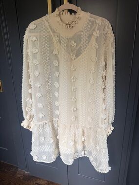 Cream Textured Floral Appliqué Tunic Dress
